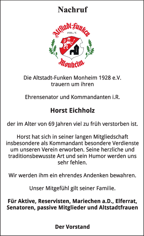 Traueranzeige von Horst Eichholz von Rheinische Post