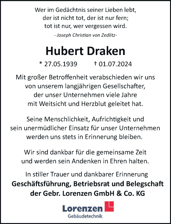 Traueranzeige von Hubert Draken von Rheinische Post