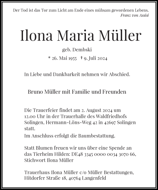 Traueranzeige von Ilona Maria Müller von Rheinische Post