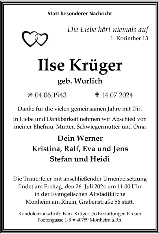 Traueranzeige von Ilse Krüger von Rheinische Post