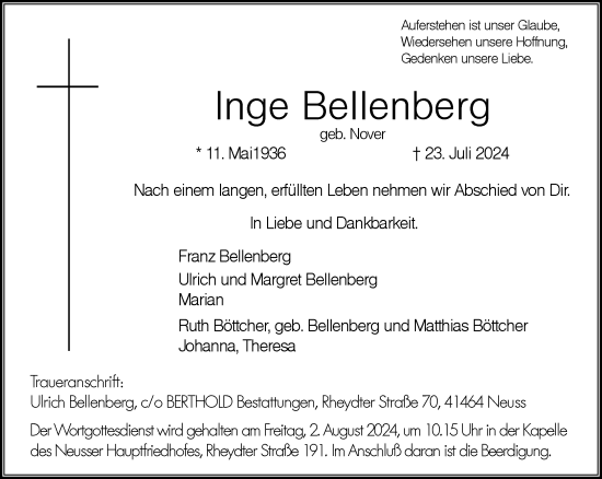 Traueranzeige von Inge Bellenberg von Rheinische Post