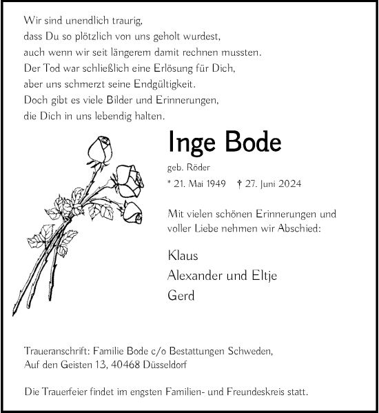 Traueranzeige von Inge Bode von Rheinische Post