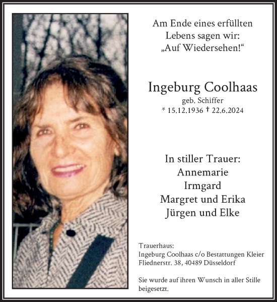 Traueranzeige von Ingeburg Coolhaas von Rheinische Post