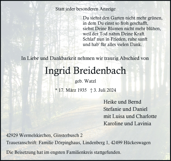 Traueranzeige von Ingrid Breidenbach von Rheinische Post