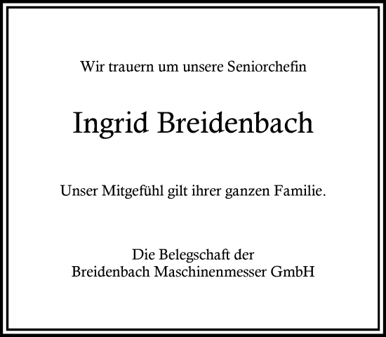 Traueranzeige von Ingrid Breidenbach von Rheinische Post