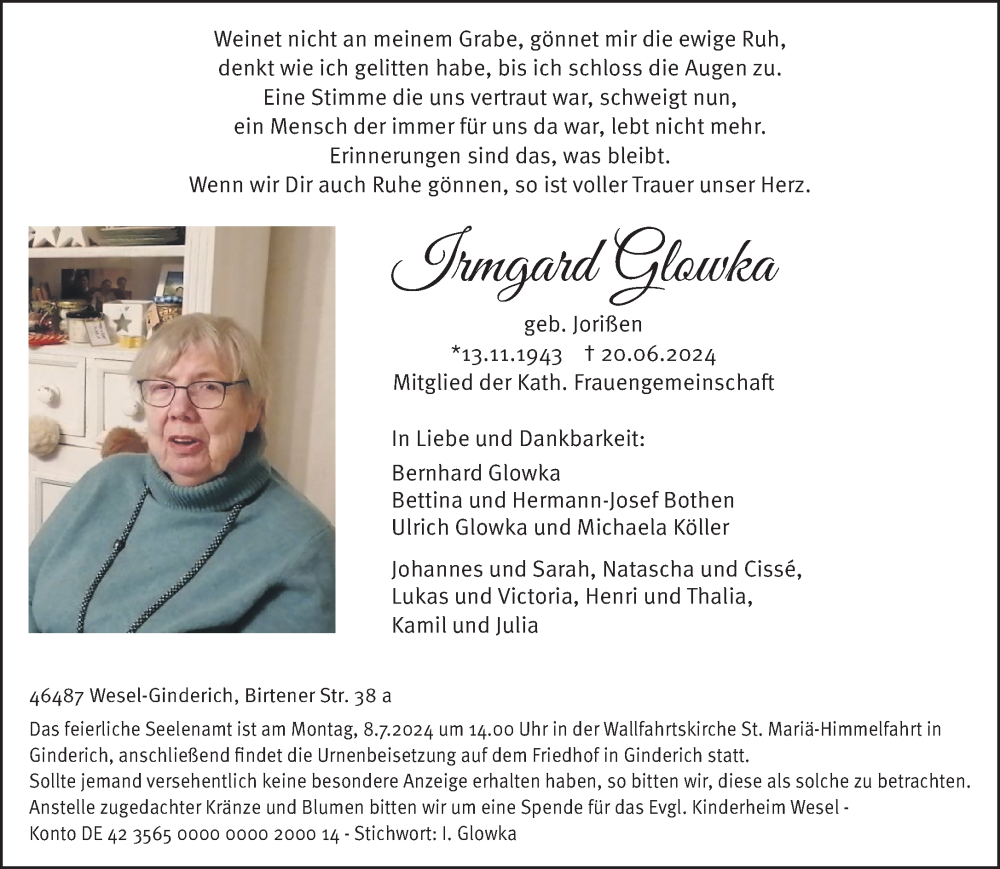  Traueranzeige für Irmgard Glowka vom 26.06.2024 aus Rheinische Post