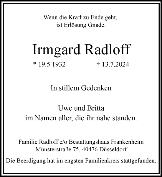 Traueranzeige von Irmgard Radloff von Rheinische Post