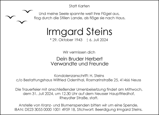 Traueranzeige von Irmgard Steins von Rheinische Post