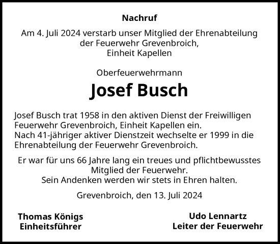 Traueranzeige von Josef Busch von Rheinische Post