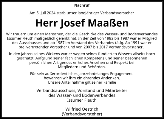 Traueranzeige von Josef Maaßen von Rheinische Post