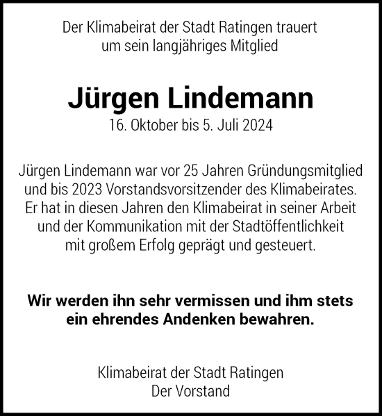 Traueranzeige von Jürgen Lindemann von Rheinische Post