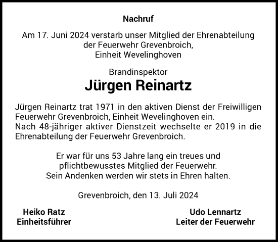 Traueranzeige von Jürgen Reinartz von Rheinische Post