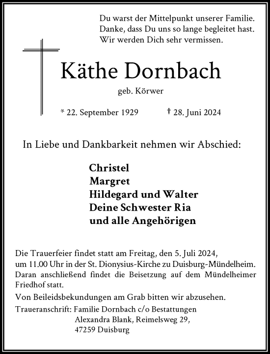 Traueranzeige von Käthe Dornbach von Rheinische Post