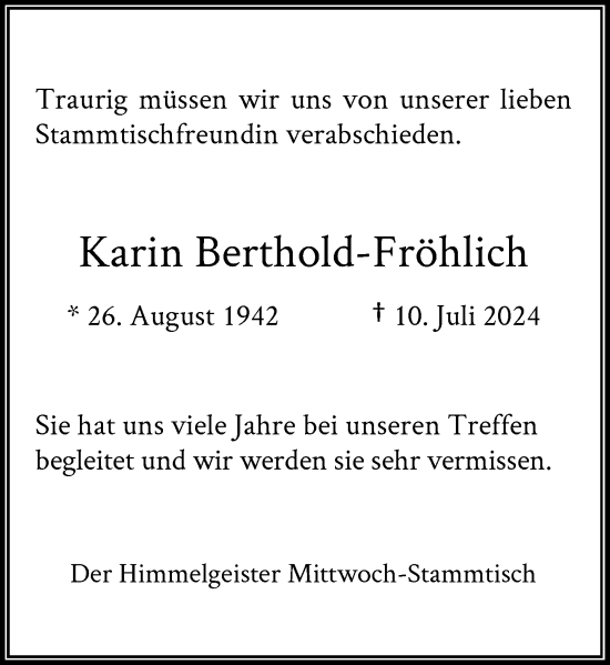 Traueranzeige von Karin Berthold-Fröhlich von Rheinische Post
