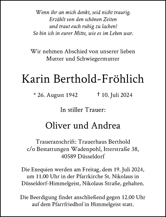 Traueranzeige von Karin Berthold-Fröhlich von Rheinische Post