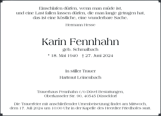 Traueranzeige von Karin Fennhahn von Rheinische Post