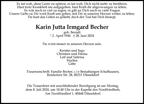 Traueranzeige von Karin Jutta Irmgard Becher von Rheinische Post