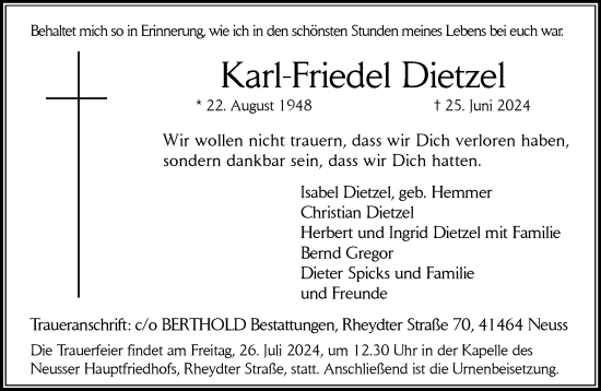 Traueranzeige von Karl-Friedel Dietzel von Rheinische Post