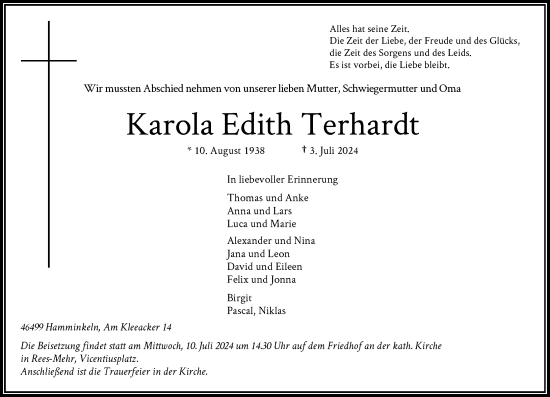 Traueranzeige von Karola Edith Terhardt von Rheinische Post