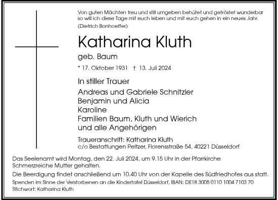 Traueranzeige von Katharina Kluth von Rheinische Post