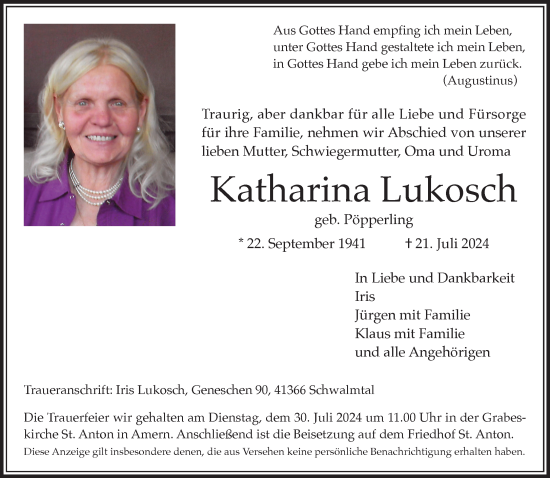 Traueranzeige von Katharina Lukosch von Rheinische Post