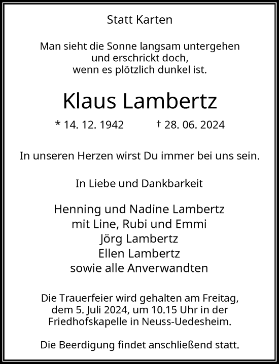 Traueranzeige von Klaus Lambertz von Rheinische Post