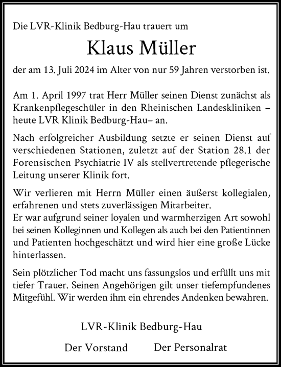 Traueranzeige von Klaus Müller von Rheinische Post