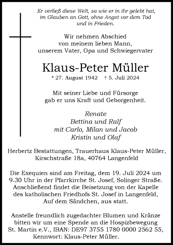 Traueranzeige von Klaus-Peter Müller von Rheinische Post