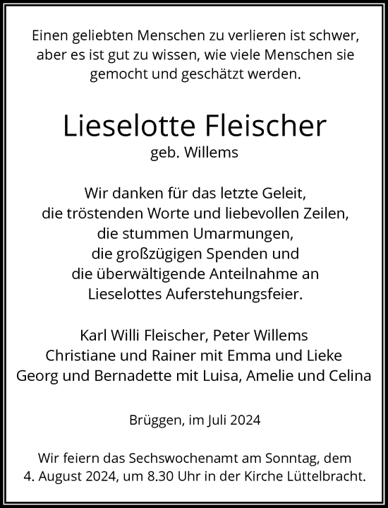 Traueranzeige von Lieselotte Fleischer von Rheinische Post