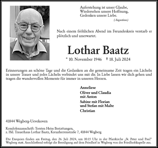 Traueranzeige von Lothar Baatz von Rheinische Post