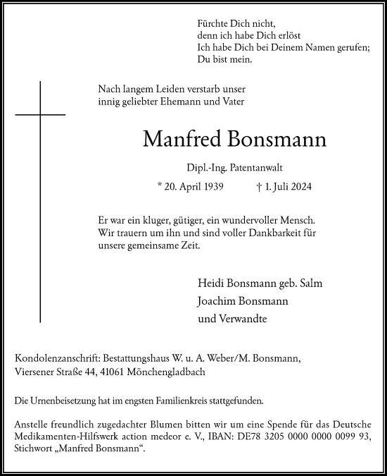 Traueranzeige von Manfred Bonsmann von Rheinische Post