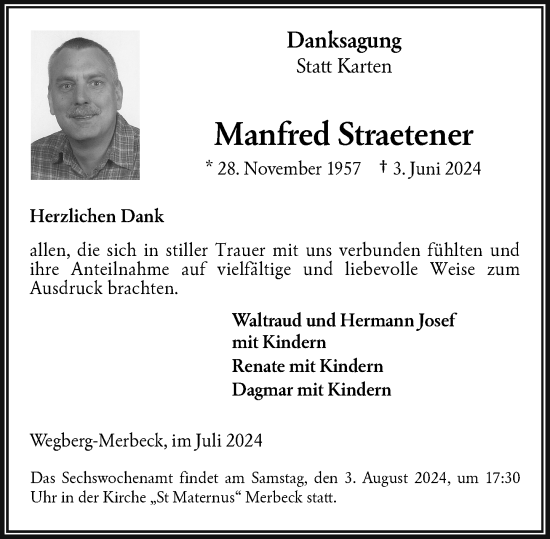 Traueranzeige von Manfred Straetener von Rheinische Post