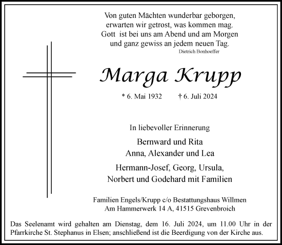Traueranzeige von Marga Krupp von Rheinische Post