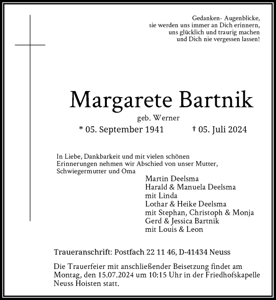 Traueranzeige von Margarete Bartnik von Rheinische Post