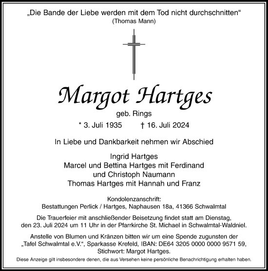 Traueranzeige von Margot Hartges von Rheinische Post