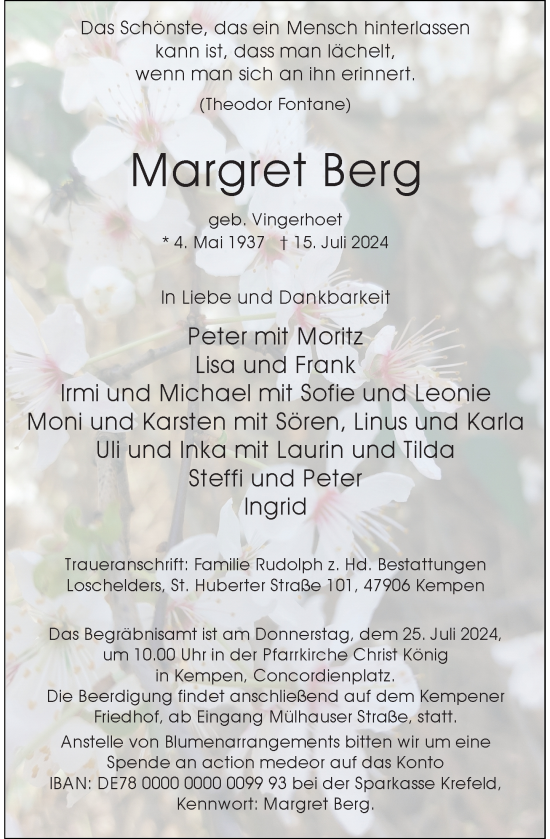 Traueranzeige von Margret Berg von Rheinische Post