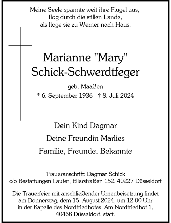 Traueranzeige von Marianne Schick-Schwerdtfeger von Rheinische Post