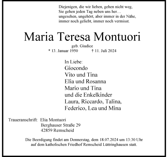 Traueranzeige von Maria Teresa Montuori von Rheinische Post