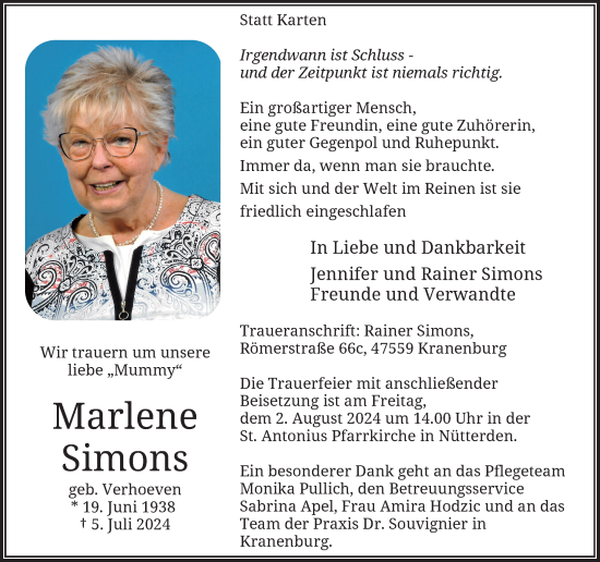 Traueranzeige von Marlene Simons von Rheinische Post