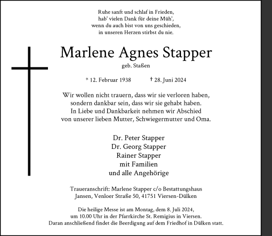 Traueranzeige von Marlene Agnes Stapper von Rheinische Post