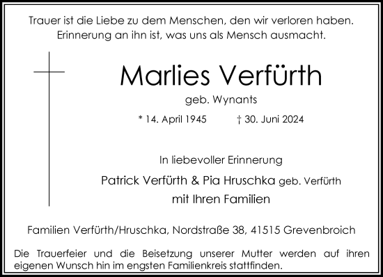 Traueranzeige von Marlies Verfürth von Rheinische Post