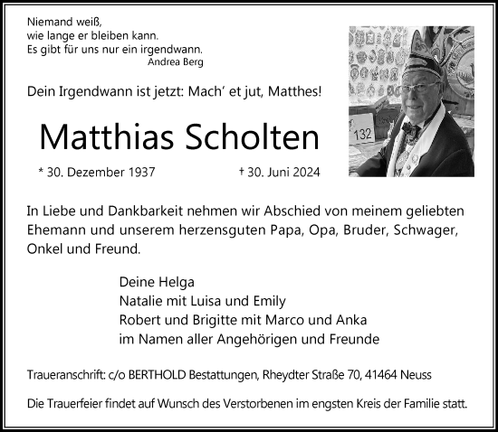 Traueranzeige von Matthias Scholten von Rheinische Post