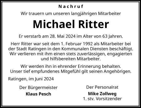 Traueranzeige von Michael Ritter von Rheinische Post