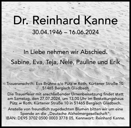 Traueranzeige von Reinhard Kanne von Rheinische Post