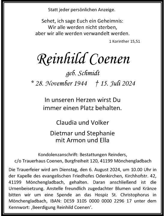 Traueranzeige von Reinhild Coenen von Rheinische Post