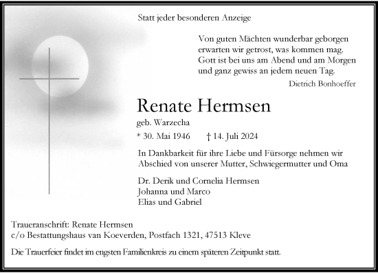 Traueranzeige von Renate Hermsen von Rheinische Post