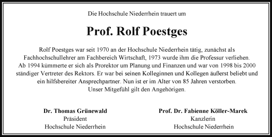 Traueranzeige von Rolf Poestges von Rheinische Post
