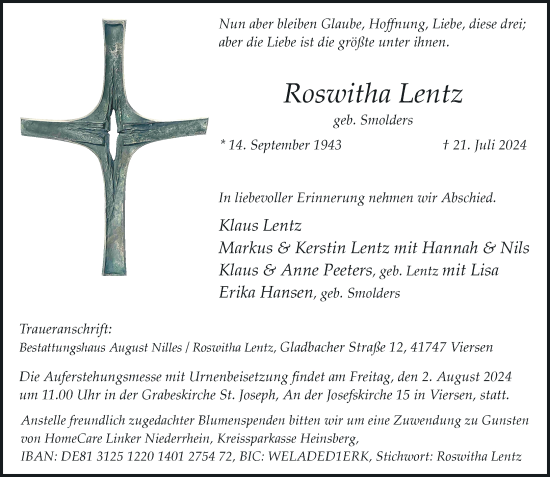 Traueranzeige von Roswitha Lentz von Rheinische Post