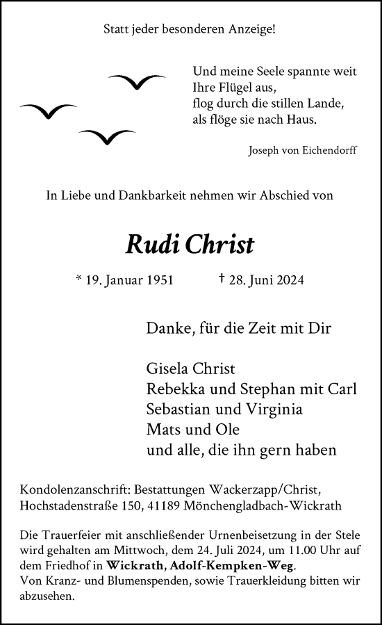 Traueranzeige von Rudi Christ von Rheinische Post