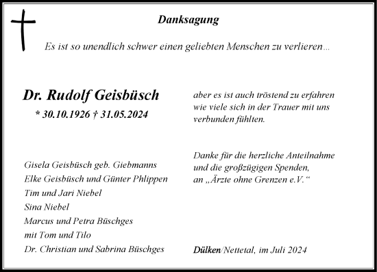 Traueranzeige von Rudolf Geisbüsch von Rheinische Post